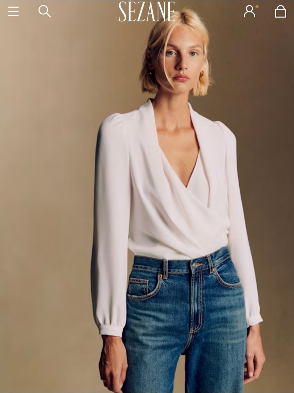 Sezane Abelia Ecru Draped V-Neck Blouse